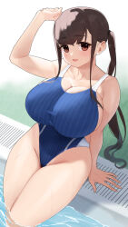 Rule 34 | 1girl, :d, blue one-piece swimsuit, breasts, brown eyes, brown hair, collarbone, competition swimsuit, highleg, highres, huge breasts, long hair, looking at viewer, omizu (h2o), one-piece swimsuit, open mouth, original, pool, poolside, sitting, smile, swimsuit, thighs, twintails
