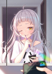 Rule 34 | 1girl, :t, ahoge, alternate costume, blunt bangs, blurry, blurry foreground, blush, brown eyes, cellphone, closed mouth, clothes writing, collarbone, commentary request, depth of field, female pov, furrowed brow, head tilt, highres, holding, holding phone, holding toothbrush, hololive, kugatsu tooka, long hair, looking at viewer, messy hair, mirror, murasaki shion, one eye closed, phone, pov, reflection, shirt, short sleeves, smartphone, solo, toothbrush, virtual youtuber, white shirt