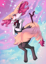 Rule 34 | 1girl, :3, alipse, animal ear fluff, animal ears, animal feet, animal hands, animal nose, black fur, black vest, body fur, bottomless, bow, bowtie, braixen, clothed pokemon, creatures (company), earrings, facial mark, fang, feet, female focus, flat chest, fox ears, fox girl, fox tail, full body, furry, furry female, game freak, gen 6 pokemon, hands up, happy, highres, jewelry, knees together feet apart, looking at viewer, multicolored fur, multiple earrings, neck fur, nintendo, open mouth, own hands together, pokemon, pokemon (creature), purple background, raised eyebrows, red bow, red bowtie, red eyes, skin fang, smile, snout, solo, sparkle, standing, stick, tail, vest, white fur, yellow fur