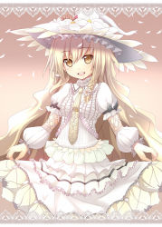 Rule 34 | 1girl, akeboshi kagayo, alternate color, alternate costume, ascot, bad id, bad pixiv id, blonde hair, braid, clothes lift, dress, dress lift, female focus, flower, frilled dress, frills, hat, hat flower, kirisame marisa, long hair, necktie, open mouth, petals, puffy short sleeves, puffy sleeves, short sleeves, side braid, single braid, skirt hold, smile, solo, star (symbol), too many, touhou, very long hair, white dress, white hair, white theme, witch, witch hat, wrist cuffs, yellow eyes