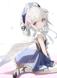 Rule 34 | 1girl, absurdres, black footwear, black ribbon, blue skirt, commentary, commission, feathered wings, flower, from side, grey hair, hair between eyes, hair flower, hair ornament, hair ribbon, hair rings, highres, looking at viewer, looking to the side, mayogii, original, pantyhose, petals, pink flower, purple eyes, ribbon, shirt, shoes, simple background, sitting, skeb commission, skirt, solo, wariza, white background, white pantyhose, white shirt, white wings, wings