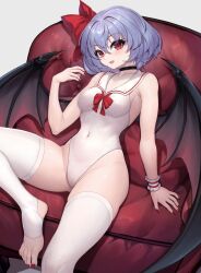 Rule 34 | 1girl, armpits, ascot, ass, bat wings, blue hair, bow, breasts, choker, collarbone, couch, feet, foot out of frame, gluteal fold, hair bow, highres, knee up, legs, looking at viewer, nail polish, navel, no headwear, no shoes, one-piece swimsuit, red ascot, red bow, red eyes, red nails, remilia scarlet, short hair, simple background, sitting, small breasts, socks, solo, stirrup legwear, sudako (dai011305), swimsuit, thighhighs, thighs, toeless legwear, toes, touhou, white background, white socks, wings, wrist cuffs