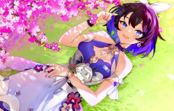 Rule 34 | 1girl, :d, bare shoulders, black hair, blue eyes, blue hair, blush, branch, breasts, bronya zaychik, character doll, cleavage, collarbone, commentary, dress, english commentary, flower, hair ribbon, hand up, highres, honkai (series), honkai impact 3rd, looking at viewer, lying, medium breasts, multicolored hair, nail polish, on back, on grass, open mouth, pink flower, pink nails, ribbon, seele vollerei, sleeveless, sleeveless dress, smile, solo, two-tone hair, watermark, white dress, white ribbon, yun-yang