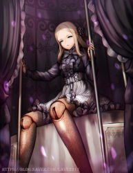 Rule 34 | 1girl, absurdres, artist name, bad id, bad pixiv id, black bow, black bowtie, black flower, black rose, black shirt, blonde hair, bow, bowtie, cage, center frills, curtains, doll joints, expressionless, feet out of frame, flower, forehead, frills, green eyes, hair flower, hair ornament, high-waist skirt, highres, joints, lips, long hair, long sleeves, looking at viewer, motion blur, original, parted bangs, petals, pole, rose, shirt, sidelocks, sitting, skirt, solo, striped clothes, striped skirt, vertical-striped clothes, vertical-striped skirt, watermark, web address, white skirt, y.i. (lave2217)