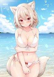 Rule 34 | 1girl, animal ears, bare arms, bare legs, bare shoulders, bikini, blush, breasts, cleavage, collarbone, cowboy shot, day, groin, hair between eyes, inubashiri momiji, large breasts, looking at viewer, navel, ocean, parted lips, red eyes, rururiaru, short hair, solo, swimsuit, tail, touhou, white bikini, white hair, wolf ears, wolf tail