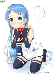 Rule 34 | ..., 10s, 1girl, bare shoulders, black thighhighs, blue eyes, blue hair, blush, closed mouth, commentary request, elbow gloves, eyebrows, flying sweatdrops, food, gloves, gradient hair, highres, holding, kantai collection, kneeling, long hair, looking at viewer, mae (maesanpicture), matching hair/eyes, multicolored hair, neckerchief, numbered, pocky, pocky day, samidare (kancolle), school uniform, serafuku, shiny skin, simple background, solo, speech bubble, spoken ellipsis, sweat, sweatdrop, swept bangs, thighhighs, twitter username, very long hair, white background