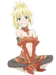 Rule 34 | 1girl, bare shoulders, black legwear, blonde hair, boots, breasts, commentary request, detached sleeves, fate/apocrypha, fate (series), green eyes, grin, highres, long hair, looking at viewer, mordred (fate), mordred (fate/apocrypha), navel, ponytail, red footwear, red sleeves, simple background, sitting, small breasts, smile, solo, tatsu (tanishi 24), teeth, v-shaped eyebrows, white background