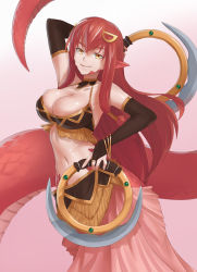 Rule 34 | 10s, 1girl, arm up, bare shoulders, bikini, bikini top only, breasts, bridal gauntlets, chakram, cleavage, detached collar, dual wielding, hair between eyes, hair ornament, hairclip, highres, holding, jiffic, lamia, large breasts, long hair, looking at viewer, miia (monster musume), monster girl, monster musume no iru nichijou, navel, pointy ears, red hair, scales, simple background, slit pupils, smile, solo, swimsuit, weapon, yellow eyes