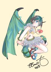 Rule 34 | 1girl, bag, blue eyes, bracelet, demon girl, demon horns, demon tail, demon wings, dress, frilled dress, frills, from side, full body, gradient hair, green hair, grey hair, highres, horns, jewelry, looking at viewer, midriff, multicolored hair, original, red bag, shoes, short hair, shoulder bag, signature, simple background, sneakers, solo, tail, totomoto illust, two-tone hair, wing piercing, wings, yellow background