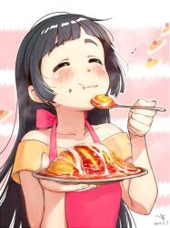 Rule 34 | 1girl, :t, apron, arms up, black hair, blush, character request, chewing, clenched hand, closed eyes, closed mouth, commentary request, dated, eating, food, food on face, foodgasm, holding, holding plate, holding spoon, kawai makoto, long hair, musical note, off-shoulder shirt, off shoulder, omelet, omurice, pink apron, plate, quaver, shirt, solo, spoon, upper body