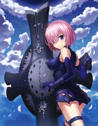 Rule 34 | 1girl, :/, bare shoulders, breasts, closed mouth, cloud, day, elbow gloves, fate/grand order, fate (series), from behind, gloves, hair over one eye, looking back, mash kyrielight, medium breasts, npcpepper, outdoors, panties, pink hair, purple eyes, purple gloves, purple panties, shield, short hair, sky, solo, sparkle, underwear