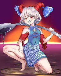 Rule 34 | 1girl, bare legs, bare shoulders, barefoot, blue dress, blue ribbon, blush, breasts, carrying over shoulder, curly hair, demon girl, dress, dripping, from below, full body, grin, hand on own thigh, hand up, highres, holding, holding spork, horn ornament, horn ribbon, horns, kaidama, legs, looking at viewer, looking down, medium hair, on one knee, print dress, red eyes, ribbon, sharp teeth, short sleeves, small breasts, smile, solo, spork, spread legs, standing, standing on liquid, teeth, thighs, tiptoes, touhou, toutetsu yuuma, white hair