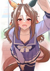Rule 34 | 1girl, absurdres, ahoge, animal ears, arugou, bent over, blurry, blurry background, blush, breasts, brown hair, cleavage, collarbone, commentary request, copano rickey (umamusume), hair ornament, hand on own thigh, headpat, highres, horse ears, horse girl, horse tail, looking at viewer, medium breasts, medium hair, open mouth, pov, red eyes, ribbon, school uniform, solo, tail, thighhighs, tracen school uniform, umamusume