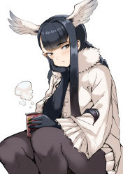 Rule 34 | 1girl, bird girl, bird tail, bird wings, black-headed ibis (kemono friends), black gloves, black hair, black pantyhose, blush, braid, can, commentary request, elbow gloves, frilled sleeves, frills, fur collar, gloves, hatch box, head wings, kemono friends, long hair, long sleeves, pantyhose, sidelocks, sitting, solo, sweater, tail, twin braids, white fur, white sweater, wings, yellow eyes