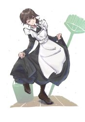 Rule 34 | 1girl, alternate costume, alternate hairstyle, apron, arashio (kancolle), black dress, broom, brown eyes, brown hair, bucket, commentary request, dress, enmaided, highres, kantai collection, ld (luna dial398), long hair, maid, one-hour drawing challenge, one eye closed, side ponytail, simple background, skirt hold, solo, white apron, white background