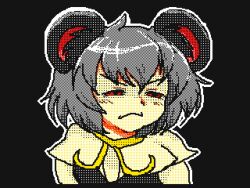 Rule 34 | 1girl, amarauto, animal ear fluff, animal ears, black background, blush, capelet, closed mouth, commentary request, cookie (touhou), flipnote studio (medium), frown, glaring, grey hair, half-closed eyes, looking afar, medium bangs, mouse ears, mouse girl, nazrin, nyon (cookie), outline, pixel art, red eyes, shirt, short hair, simple background, solo, touhou, upper body, v-shaped eyebrows, white capelet, white outline, white shirt