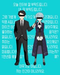 Rule 34 | 1boy, 1girl, angela (project moon), black jacket, black pantyhose, blue background, blue coat, blue hair, bow wow pm, censored, closed mouth, coat, frilled sleeves, frills, highres, holding, holding microphone, identity censor, jacket, korean text, library of ruina, long sleeves, microphone, pantyhose, project moon, roland (project moon), short hair, simple background, standing, tokumei m (vocaloid), translation request
