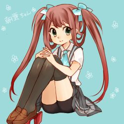 Rule 34 | 10s, 1girl, asagumo (kancolle), ascot, bike shorts, black thighhighs, bow, brown hair, green eyes, hair bow, hair ribbon, highres, hugging own legs, kantai collection, kobone, long hair, looking at viewer, pleated skirt, ribbon, school uniform, shoes, sitting, skirt, smile, solo, suspenders, thighhighs, translation request, twintails