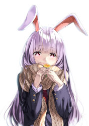 Rule 34 | 1girl, animal ears, bad id, bad pixiv id, blunt bangs, blush, enpera, female focus, flower, long hair, looking at viewer, necktie, own hands together, purple hair, rabbit ears, red eyes, red necktie, reisen udongein inaba, scarf, simple background, smile, solo, touhou, unowen, white background