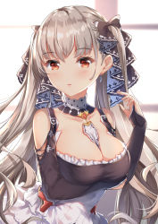 Rule 34 | 1girl, arm under breasts, azur lane, backlighting, bare shoulders, between breasts, black bow, black dress, blurry, blurry background, blush, bow, breast hold, breasts, bridal gauntlets, brown eyes, brown hair, chahei, cleavage, clothing cutout, collarbone, depth of field, dress, formidable (azur lane), frilled dress, frills, hair bow, hand up, highres, large breasts, long hair, long sleeves, looking at viewer, parted lips, shoulder cutout, solo, two side up, very long hair, window