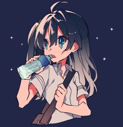 Rule 34 | 1girl, ahoge, black hair, blouse, blue eyes, bottle, chunithm, cropped torso, drinking, hair bobbles, hair ornament, highres, holding, holding bottle, long hair, looking to the side, mochizuki kei, nanami aoi, one side up, open mouth, school uniform, shirt, short sleeves, solo, star (symbol), teeth