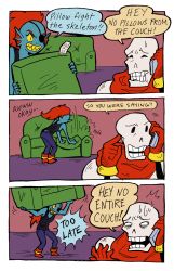 Rule 34 | 1boy, 1girl, 3koma, ^^^, blue skin, cellphone, colored sclera, colored skin, comic, couch, english text, eyepatch, fins, gameplay mechanics, head fins, highres, monster boy, monster girl, o o, papyrus (undertale), peppermintbee, phone, pillow, ponytail, red hair, scarf, sharp teeth, skeleton, teeth, undertale, undyne, yellow sclera