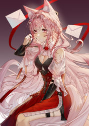 Rule 34 | 1girl, absurdres, animal ear fluff, animal ears, arknights, bare shoulders, clothing cutout, commentary request, hair intakes, highres, letter, long hair, looking at viewer, nail polish, pink eyes, pink hair, pink nails, pozyomka (arknights), puffy short sleeves, puffy sleeves, purple background, red skirt, shixian900, short sleeves, shoulder cutout, sitting, skirt, solo, very long hair, wolf ears
