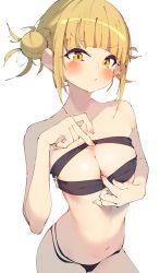 Rule 34 | 1girl, absurdres, bad id, bad twitter id, bandeau, bandeau pull, bare shoulders, bikini, black bandeau, black bikini, blonde hair, blunt bangs, blush, boku no hero academia, breast zipper, breasts, cleavage, collarbone, contrapposto, cowboy shot, double bun, hair bun, hand up, highres, linea alba, looking at viewer, medium breasts, messy hair, navel, parted lips, rasusurasu, short eyebrows, short hair with long locks, sidelocks, simple background, solo, standing, straight hair, string bikini, swimsuit, toga himiko, tsurime, v-shaped eyebrows, white background, yellow eyes
