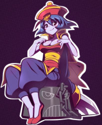 Rule 34 | 1girl, blue hair, blush stickers, breasts, capcom, caryo, chain, chinese clothes, cleavage, cleavage cutout, clothing cutout, collarbone, flats, flipped hair, hat, jiangshi, lei lei, nanashino, ofuda, qingdai guanmao, red eyes, shoes, sitting, smile, solo, vampire (game)