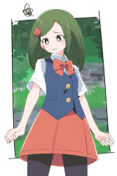 Rule 34 | 1girl, black pantyhose, blush, bow, bowtie, brown eyes, closed mouth, commentary request, creatures (company), game freak, green hair, hair ornament, hairclip, ixy, lass (pokemon), looking to the side, nintendo, pantyhose, parted bangs, pokemon, pokemon bdsp, red bow, red bowtie, red skirt, short hair, short sleeves, skirt, solo, standing, tears