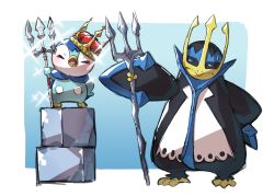 Rule 34 | bird, blue eyes, blush, claws, commentary request, creatures (company), crown, empoleon, closed eyes, game freak, gen 4 pokemon, hand on own hip, hand up, highres, holding, ice block, nintendo, open mouth, penguin, piplup, pokemon, pokemon (creature), polearm, sparkle, standing, sweatdrop, taisa (lovemokunae), tongue, trident, weapon