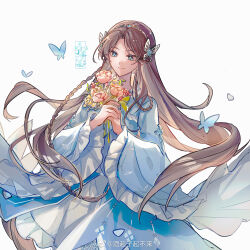 Rule 34 | 1girl, artist request, blue eyes, braid, brown hair, bug, butterfly, butterfly hair ornament, closed mouth, collar, douluo dalu, flower, frilled collar, frills, hair ornament, highres, holding, holding flower, insect, long hair, long sleeves, ning rongrong (douluo dalu), second-party source, smile, solo, tiara, twin braids, upper body, white background