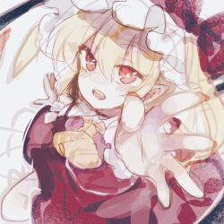 Rule 34 | 1girl, ascot, blonde hair, crystal wings, flandre scarlet, from above, hat, mob cap, open mouth, pointy ears, reaching, reaching towards viewer, red eyes, red ribbon, ribbon, simple background, solo, sorani (kaeru0768), touhou, white background, yellow ascot
