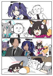 2boys 3girls absurdres animal_ear_fluff animal_ears black_necktie black_pants blue_archive blue_eyes blue_hair blue_jacket blue_necktie blue_scarf brown_hair cross_hair_ornament doodle_sensei_(blue_archive) fang fox_ears fox_girl fox_tail grey_hair grey_jacket hair_between_eyes hair_ornament halo hat highres izuna_(blue_archive) jacket long_hair multiple_boys multiple_girls necktie nightmare one_side_up pants red_scarf santa_hat scarf school_uniform sensei_(blue_archive) sensei_(blue_archive_the_animation) shiroko_(blue_archive) shirt sidelocks tail tenten_(chan4545) two_side_up under_covers white_shirt wolf_ears wolf_girl yellow_eyes yuuka_(blue_archive)