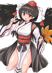 Rule 34 | 1girl, :d, black hair, blush, chups, commentary request, foot out of frame, hand fan, hat, hauchiwa, highres, kourindou tengu costume, looking at viewer, nose blush, open mouth, pelvic curtain, pointy ears, pom pom (clothes), red eyes, red hat, shameimaru aya, simple background, smile, solo, standing, standing on one leg, tokin hat, touhou, v, white background