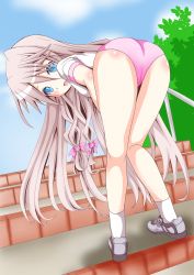 Rule 34 | 1girl, :o, ass, bent over, blonde hair, blue eyes, blue sky, body blush, bow, buruma, bush, day, full body, grey footwear, grey ribbon, hair between eyes, hair bow, highres, ia (vocaloid), long hair, looking back, outdoors, pink bow, plant, puffy short sleeves, puffy sleeves, railing, ribbon, shirt, shoelaces, shoes, short sleeves, sky, sneakers, socks, solo, sportswear, stairs, standing, tad s, thigh gap, very long hair, vocaloid, white shirt, white socks