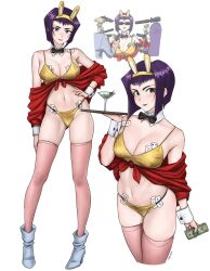 Rule 34 | 1girl, animal ears, bikini, blush, boots, bow, bowtie, breasts, card, cleavage, cocktail glass, cowboy bebop, cup, detached collar, dismaiden, drinking glass, fake animal ears, faye valentine, front-tie top, full body, gluteal fold, green eyes, gun, hairband, hand on own hip, headband, high heel boots, high heels, highres, holding, holding gun, holding money, holding tray, holding weapon, large breasts, leotard, lipstick, looking at viewer, makeup, money, multiple views, navel, nontraditional playboy bunny, off shoulder, playboy bunny, playboy bunny bikini, playing card, rabbit ears, short hair, simple background, skindentation, smile, string bikini, sunglasses, surrounded by guns, swimsuit, thighhighs, traditional bowtie, tray, weapon, white background, white footwear, wrist cuffs, yellow bikini, yellow hairband, yellow headband