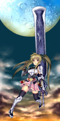 Rule 34 | 00s, 1girl, adapted costume, alternate weapon, armor, belt, blonde hair, fate testarossa, gauntlets, gloves, greaves, highres, lyrical nanoha, mahou shoujo lyrical nanoha, moon, red eyes, ribbon, skirt, solo, sword, thighhighs, twintails, weapon