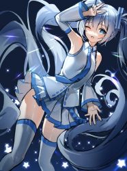 Rule 34 | 1girl, absurdly long hair, absurdres, bad id, bad pixiv id, bare shoulders, black background, blue eyes, blue hair, blue nails, blue necktie, cowboy shot, detached sleeves, glowing, grey thighhighs, hair ornament, hand up, hatsune miku, highres, huge filesize, hyoin, light blue hair, long hair, looking at viewer, miniskirt, nail polish, necktie, one eye closed, open mouth, pleated skirt, refraction, shirt, silver legwear, silver skirt, silver sleeves, skirt, sleeveless, sleeveless shirt, smile, solo, star (symbol), thighhighs, twintails, v, very long hair, vocaloid, yuki miku, yuki miku (2010), zettai ryouiki