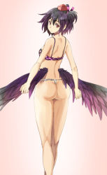 Rule 34 | 1girl, alternate hair color, alternate hair length, alternate hairstyle, ass, bare shoulders, black hair, bra, breasts, checkered bra, checkered clothes, commentary request, fundoshi, gradient hair, hat, himekaidou hatate, japanese clothes, looking at viewer, low wings, multicolored hair, purple hair, red eyes, red hat, short hair, side ponytail, small breasts, solo, tokin hat, touhou, underwear, wings, yohane