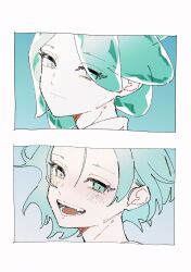 Rule 34 | 1other, androgynous, aqua eyes, aqua hair, blue background, blush, border, collared shirt, commentary, crystal hair, dual persona, fang, floating hair, gradient background, half-closed eyes, head tilt, highres, houseki no kuni, humanization, light smile, looking at viewer, open mouth, pale skin, phosphophyllite, portrait, shiro (kuro guu), shirt, short hair, smile, teeth, translucent hair, white border