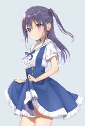 Rule 34 | 1girl, bare legs, blue background, blue bow, blue dress, blue skirt, blush, bow, buttons, clothes lift, cowboy shot, dress, expressionless, frilled skirt, frills, from side, highres, lifted by self, long hair, looking at viewer, original, purple eyes, purple hair, rimo, sailor collar, sailor dress, shirt, short sleeves, side ponytail, simple background, skirt, skirt lift, solo, standing, suspender skirt, suspenders, white shirt
