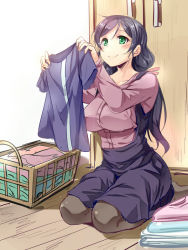 Rule 34 | 10s, 1girl, ajishio, basket, blush, breasts, casual, clothes, green eyes, hair ribbon, holding, holding clothes, large breasts, laundry, laundry basket, long hair, love live!, love live! school idol festival, love live! school idol project, pantyhose, purple hair, ribbon, seiza, sitting, skirt, smile, solo, tojo nozomi, twintails