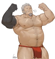 Rule 34 | 1boy, abs, amatsumara (housamo), bara, belly, biceps, black skin, breath, bulge, chest hair, clenched hands, colored skin, cowboy shot, eyebrow cut, facial hair, flexing, goatee, gomtang, grey hair, hairy, large pectorals, leg hair, loincloth, long sideburns, male focus, male underwear, mature male, muscular, muscular male, navel, navel hair, nipples, old, old man, pectorals, red male underwear, scar, scar across eye, scar on face, short hair, sideburns, solo, stomach, thick eyebrows, thick thighs, thighs, tokyo houkago summoners, underwear, underwear only, veins