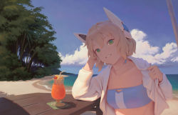 Rule 34 | 1girl, android, antica (bigrbear), beach, bigrbear, bikini, blonde hair, blue bikini, blue sky, breasts, cherry, cloud, cocktail, collarbone, commentary, cup, day, drinking glass, drinking straw, food, fruit, green eyes, hand on own head, head rest, head tilt, headgear, highres, joints, lemon, lemon slice, long sleeves, looking at viewer, ocean, open clothes, open shirt, original, outdoors, parted lips, revision, robot joints, shirt, short hair, sky, small breasts, smile, solo, strapless, strapless bikini, sunlight, swimsuit, table, tree, upper body, water, white shirt, wooden table