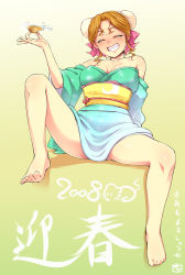 Rule 34 | 00s, 1girl, 2008, alcohol, bare shoulders, barefoot, blush, breasts, breasts apart, bun cover, detached sleeves, double bun, drunk, feet, grin, hair bun, hair intakes, hairu, hayasaka akira, highres, japanese clothes, kimono, large breasts, new year, sake, short kimono, smile, solo, spread legs, super real mahjong, thighs, toe-point, toe scrunch, toes