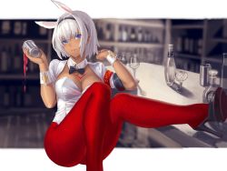 Rule 34 | 1girl, animal ears, blue eyes, breasts, caenis (fate), chest tattoo, commentary request, cup, dark-skinned female, dark skin, detached collar, drinking glass, fate/grand order, fate (series), hair between eyes, high heels, highres, holding, holding cup, kafkasea, large breasts, leotard, pantyhose, parted lips, playboy bunny, short hair, solo, table, tattoo, teeth, white hair, wine glass, wrist cuffs