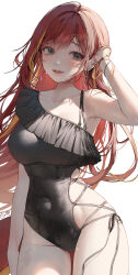 Rule 34 | 1girl, akane lize, black one-piece swimsuit, breasts, highres, large breasts, long hair, looking at viewer, medium breasts, mole, mole under eye, multicolored hair, one-piece swimsuit, open mouth, red hair, shiro albino, shirt, simple background, single bare shoulder, solo, stellive, streaked hair, swimsuit, virtual youtuber
