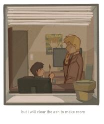 Rule 34 | 2boys, black hair, blonde hair, child, closed mouth, commentary, desk, english commentary, english text, flower pot, from outside, hand on own chin, highres, holding, indoors, kageyama shigeo, long sleeves, looking at another, male focus, mob psycho 100, monitor, mp100days, multiple boys, office, poster (object), reigen arataka, short hair, window, window blinds