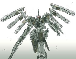 Rule 34 | armored core, armored core 4, commentary request, feet out of frame, gradient background, grey background, gun, highres, holding, holding gun, holding weapon, ishiyumi, looking at viewer, mecha, mechanical wings, no humans, noblesse oblige (armored core), robot, science fiction, weapon, white background, wings